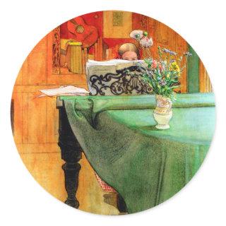 Brita at the Piano by Carl Larsson, Vintage Art Classic Round Sticker