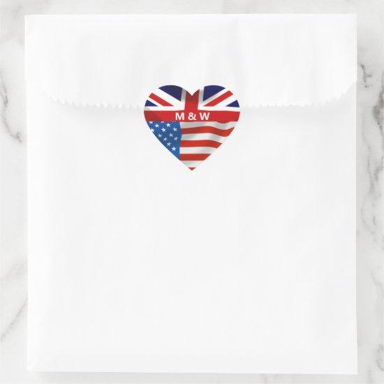 British American Flags Monogrammed Heart Sticker