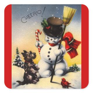 British Snowman and Scotty Dog Saying "Cheerio!" Square Sticker