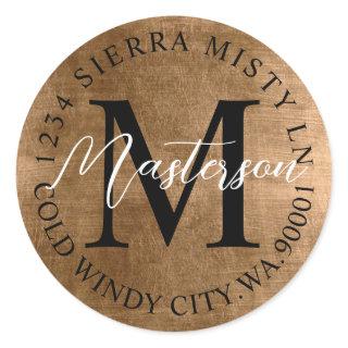 Bronze Tones Elegant Return Address Monogram Classic Round Sticker