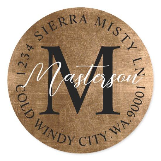 Bronze Tones Elegant Return Address Monogram Classic Round Sticker
