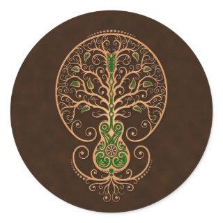 Brown and Green Guitar Tree of Life Classic Round Sticker