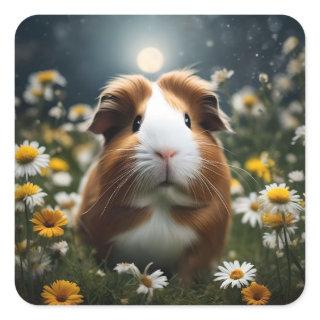 Brown And White Guinea Pig Moon And Daisies, Square Sticker