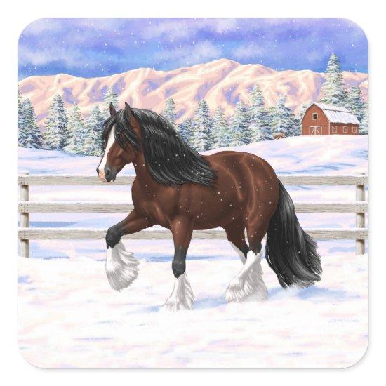 Brown Bay Gypsy Vanner Draft Horse In Snow Square Sticker