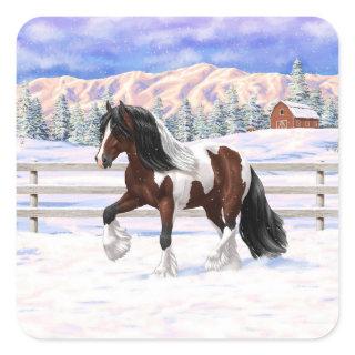 Brown Bay Pinto Gypsy Vanner Draft Horse In Snow Square Sticker
