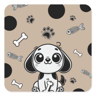 Brown & Black Fish Bones Puppy Dog Birthday Party  Square Sticker