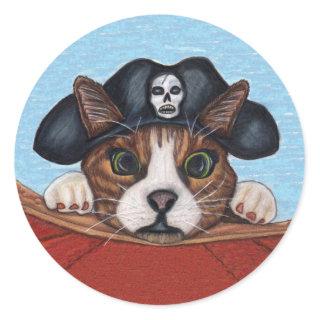 Brown Cat Green Eyes Pirate Hat Skull Red Boat Classic Round Sticker