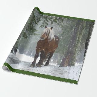 Brown Horse in a Winter Forest with Snow Falling