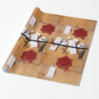 BROWN LETTER HOLDER IN WOOD ,RED WAX SEAL MONOGRAM