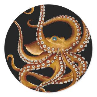 Brown Octopus Blue Eye Black Art Classic Round Sticker