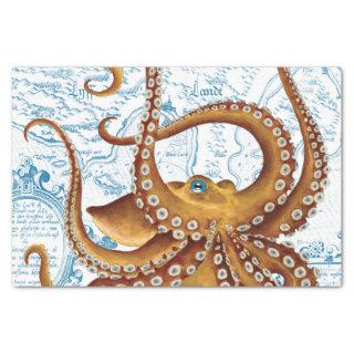 Brown Octopus Blue Vintage Map Tissue Paper