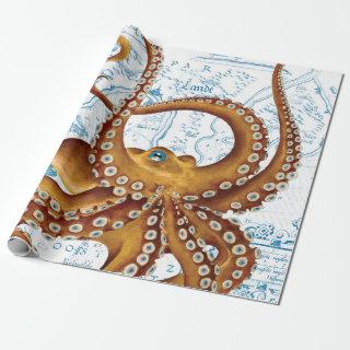 Brown Octopus Blue Vintage Map