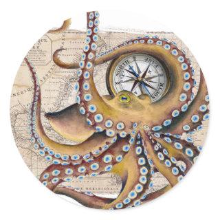 Brown Octopus Vintage Map Compass Classic Round Sticker