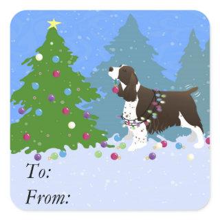 Brown Springer Spaniel Decorating Christmas Tree Square Sticker
