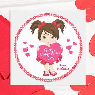 Brunette Happy Valentine's Day Classic Round Sticker