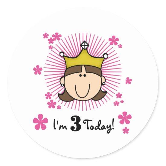 Brunette Princess 3rd Birthday Classic Round Sticker