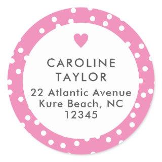 Bubblegum Pink Heart & Dots Cute Girly Address Classic Round Sticker