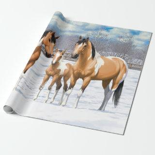 Buckskin Pinto Paint Quarter Horses In Snow