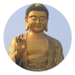 Buddha Statue in Blue Sky, Hand Raised Classic Round Sticker