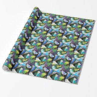 Budgerigar Parakeets in Ferns