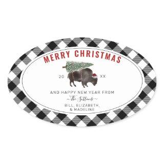 Buffalo Bison Santa Merry Christmas Tree Plaid Oval Sticker