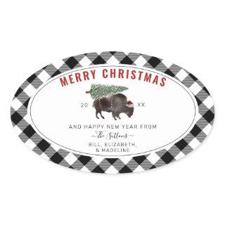 Buffalo Bison Santa Merry Christmas Tree Plaid Oval Sticker