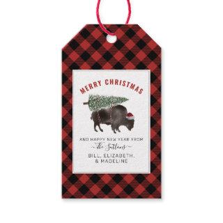 Buffalo Bison Santa Merry Christmas Tree Red Plaid Gift Tags
