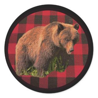 Buffalo Plaid Brown Bear Round Sticker