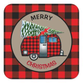 Buffalo Plaid Christmas Camper Trailer Square Sticker
