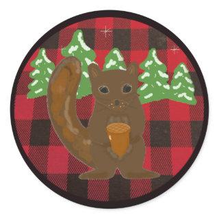 Buffalo Plaid Forest Squirrel Round Sticker
