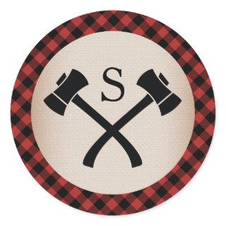 Buffalo Plaid Monogrammed Axe Wedding Classic Round Sticker
