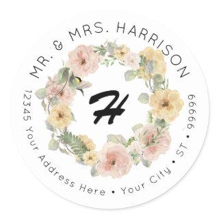 Bumble Bee Floral Blush Yellow Watercolor Address Classic Round Sticker