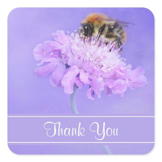Bumble Bee Perched on a Pink Flower Thank You Square Sticker