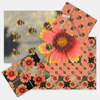 Bumblebees and Gaillardia Flowers Orange  Sheets