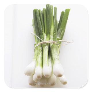 Bunch of spring onions on white chopping board square sticker