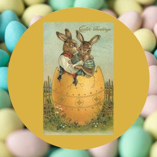 Bunnies in a Gold Egg, Vintage Victorian Easter  Classic Round Sticker