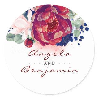 Burgundy and Navy Blue Floral Wedding Classic Round Sticker