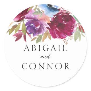 Burgundy Blush Dusty Blue Elegant Floral  Classic Round Sticker