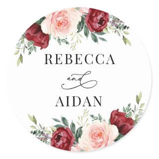 Burgundy Blush Floral Personalized Wedding Classic Classic Round Sticker