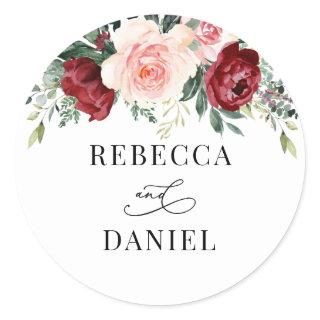Burgundy Blush Floral Personalized Wedding Classic Round Sticker