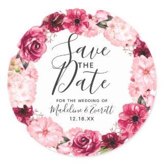Burgundy & Blush Pink Floral Wreath Save the Date Classic Round Sticker