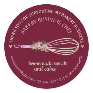 Burgundy Catering Bakery Chef Whisk Flower Thanks Classic Round Sticker