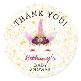 Burgundy Gold Floral Unicorn Baby Shower favor Classic Round Sticker