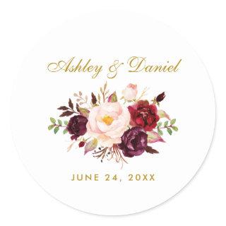 Burgundy Gold Floral Wedding Classic Round Sticker
