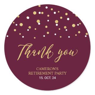 Burgundy & Gold Modern Retirement Favor Thank you Classic Round Sticker