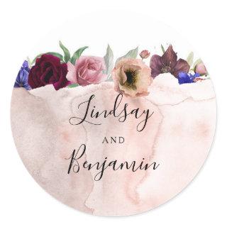 Burgundy Navy and Blush Floral Wedding Classic Round Sticker