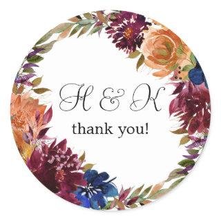 Burgundy & Navy Orange Fall Floral Monogram -  Classic Round Sticker