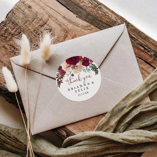 Burgundy Pink Floral Thank You Wedding Favor  Classic Round Sticker