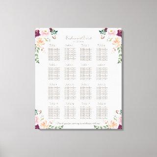Burgundy Pink Saffron Floral Wedding Seating Chart Canvas Print