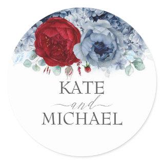Burgundy Red and Dusty Blue Floral Wedding Classic Round Sticker